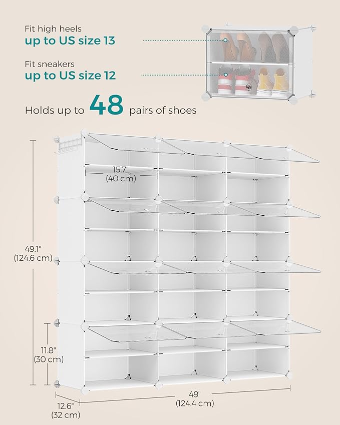 SONGMICS Shoe Rack Organizer, 12-Tier Shoe Storage Cabinet for Closet and Entryway, Holds 48 Pairs of Shoes, Adjustable, Cloud White and Trasparent ULPC040W01