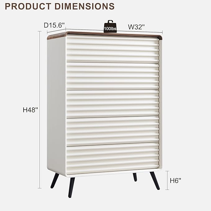 RedLemon 5 Drawers Dresser for Bedroom, 48'' Tall Mid Century Modern Wood Fluted Dresser, Chest of Drawers with Tapered Leg for Bedroom, Living Room, Hallway, Closet,Antuique White