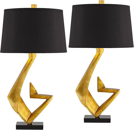Possini Euro Design Zeus 28 1/2" Tall Modern Glam End Table Lamps Set of 2 Sculptural Gold Leaf Living Room Bedroom Bedside Nightstand House Office Home Reading Kitchen Entryway Console Black Shade