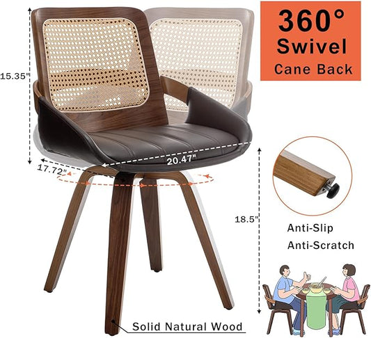 Set of 1 Swivel Rattan Dining Chair - Mid Century Modern Dining Chair with Bentwood Frame, Ergonomic Cane Back, Curved Arms, Faux Leather Swivel Chair for Kitchen/Restaurant (Walnut Brown, Set of 1)