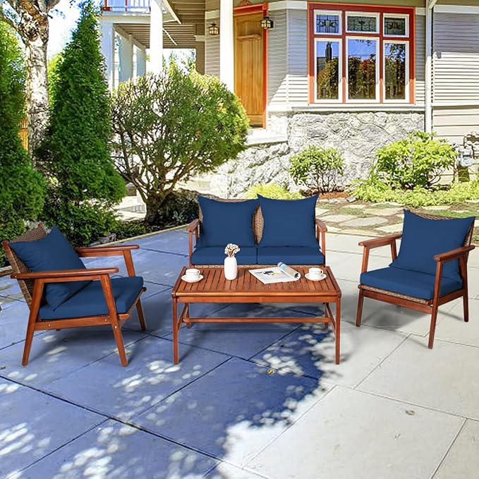 COSTWAY 4 Pieces Acacia Wood Patio Conversation Set, Outdoor Wicker Sofa with Coffee Table & Cushions, Patio Rattan Furniture Set for Yard, Porch, Poolside, Balcony, Backyard, Navy
