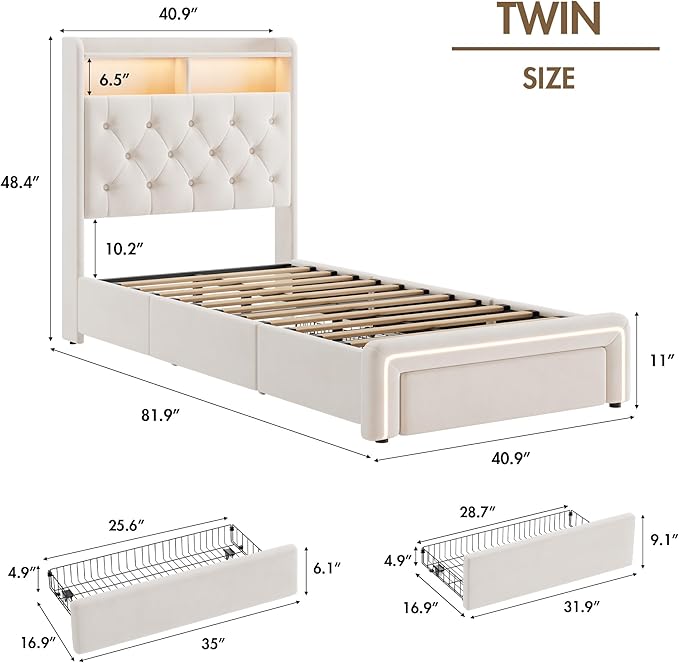Twin LED Bed Frame with Storage Headboard & Charging Station, Velvet Fabric Platform Bed Frames with 3 Drawers, Button Tufted Upholstered, No Box Spring Needed, Beige