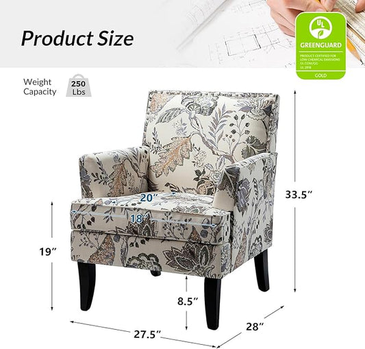 HULALA HOME Modern Accent Chair with Arms and Wooden Legs, Floral Patterned Accent Chair Armchair High Back Rest, Padded Armrest and Comfortable Cushioned Seat for Living Room (Orange Grey Floral)