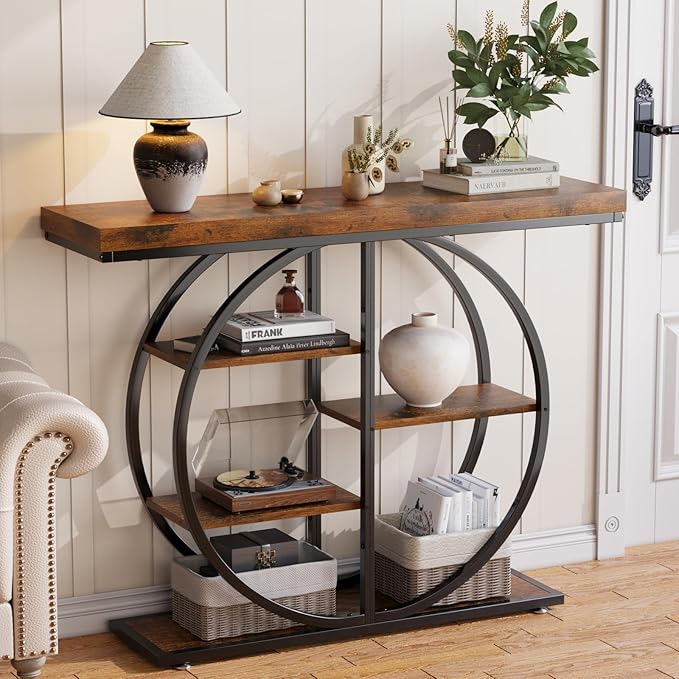 41.3" Console Table for Entryway, Industrial Hallway Sofa Table with Storage Shelves, Narrow Accent Decor Living Room Furniture with Circle Base for Foyer, Entrance, Rustic Brown