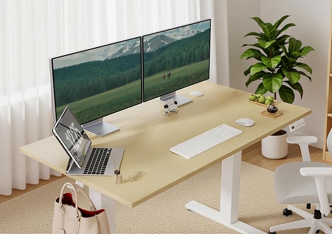 Seang Electric Height Adjustable Standing Desk, 55 x 24 Inch Sit-Stand Desk with T-Shaped Frame, 3 Memory Presets & Cable Management for Home Office Computer Workstation, White Frame/Nature Top