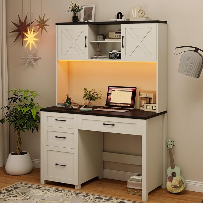 Farmhouse 67" H Executive Desk with Hutch,Computer Desk with 4 Drawers and LED light, Office table with Storage Cabinet & File Drawers and Charging Station, Wood Workstation for Home Office and Study