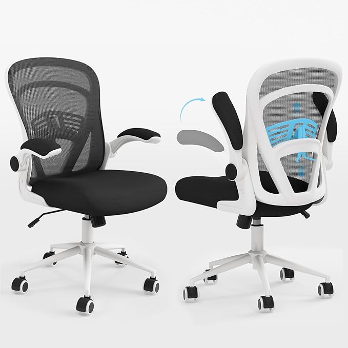 Computer Desk Chair with Wheels, Mesh Office Chair with Flip Up Arms, Adjustable Lumbar Support, Swivel Desk Chair Comfy, White