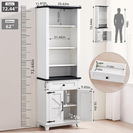 72in Tall Bookshelf 7 Tier Bookcase with Drawer and Barn Doors and Adjustable Shelves, White Farmhouse Book Shelf with Storage Cabinet, Wood Freestanding Display Bookshelves for Kitchen (2PCS)