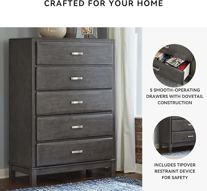 Signature Design by Ashley Caitbrook Contemporary 5 Drawer Chest with Dovetail Construction, Weathered Gray