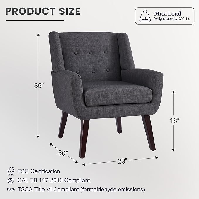 HUIMO Button-Tufted Accent Chairs Set of 2,Upholstered Reading Living Room Chair,Mid Century Modern Chair with Linen Fabric, Club Chair,Comfy Arm Chairs for Living Room,Bedroom,Grey