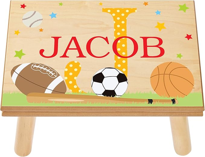 Let’s Make Memories Personalized My Own Name Step Stool - Children’s Step Stool - Sturdy Wood – Non-Toxic Paint, Sealer - Sports Design - Natural - 14’Wx9.25”Lx8.75”H - Ages 3+