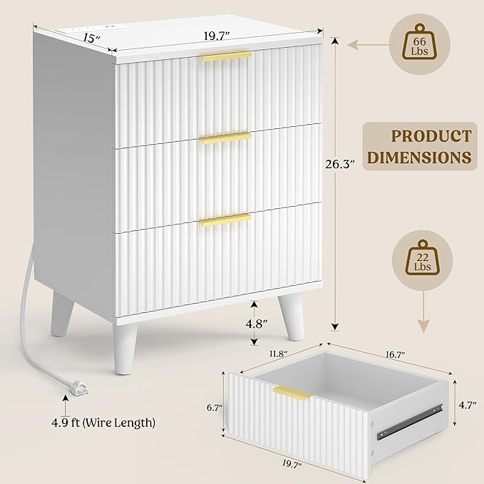 Lulive Wood 3 Drawers Dresser Fluted Night Stand with Charging Station, White Storage Nightstand Modern Side Table, Bedside Table for Bedroom, Entryway White