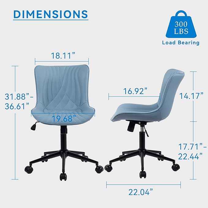 YOUNIKE Office Chair, Adjustable Swivel Armless Desk Chair with Wheels, Aesthetic Home Office Computer Task Chairs, Modern Faux Leather Upholstered Vanity Chair with Back, Blue