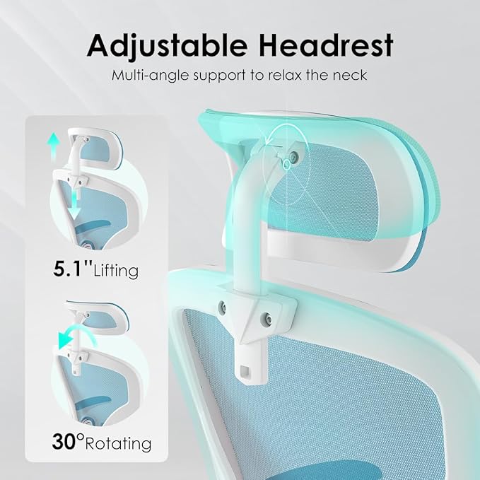 Farini Ergonomic Office Chair, Home Office Desk Chair with Headrest, High Back Computer Chair with Armrests and Adjustable Lumbar Support for Home Office Study Room, White & Blue