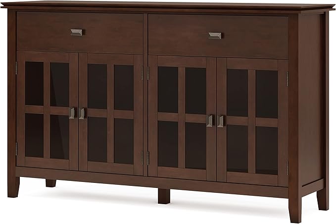SIMPLIHOME Artisan Buffet - 60 inch Wide Solid Wood 4-Door Sideboard Buffet in Russet Brown, Transitional Storage Cabinet for Dining Room or Kitchen with Adjustable Shelves and Square Knobs