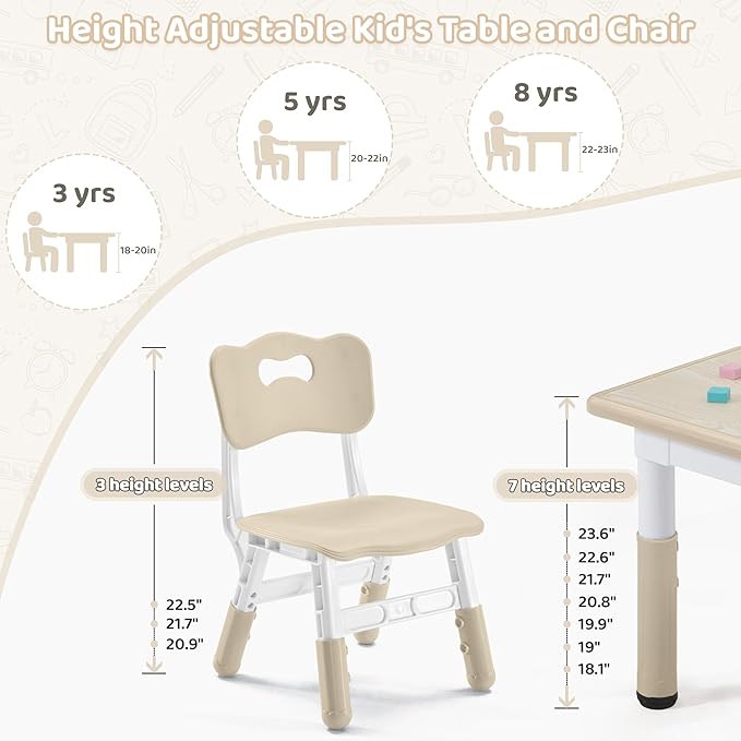 Adjustable Kids Table Chairs Set – Graffiti Desktop, Multi-Activity Height-Adjustable Toddler Study Desk for Ages 3-8 – Ideal for Home, Classroom, Daycare (W-Wood, 2 Chairs-31.5" L x 23.6" W)