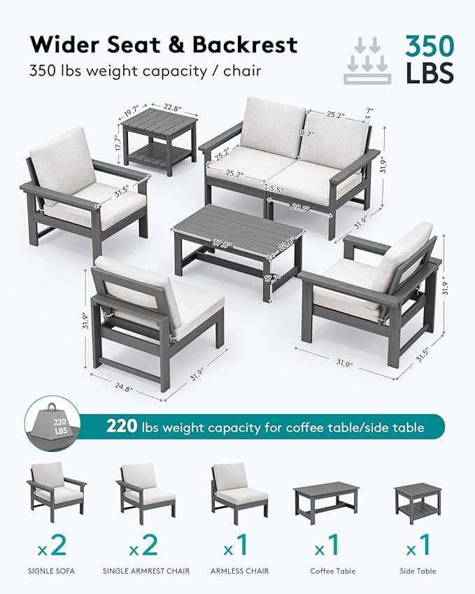 SERWALL HDPE Patio Furniture Set with 15FT Double Side Patio Umbrella, 7-Piece Outdoor Modular Sectional Sofa Set, All Weather Patio Couch Set for Deck, Lawn, Gray & Beige(Umbreall Base not Included)