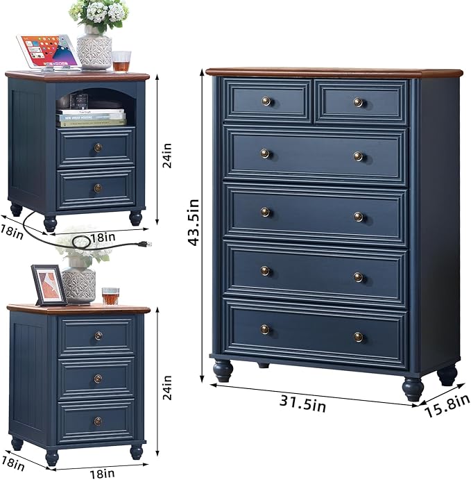 Farmhouse Dressers and Night Stand Set of 3, Wood 43.5'' Tall Dresser and 18'' Wide Chest of Drawers, Roman Column Nightstand Set of 2, Bedroom Furniture Dresser Suites for Living Room, Hallway, Home