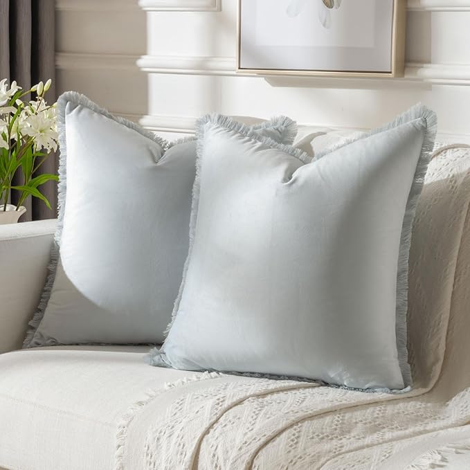 FUTEI Light Blue Velvet Decorative Throw Pillow Covers 20x20 Set of 2,Soft Cozy Edge with Tassels Cushion Case,Boho Modern Home Decor for Couch Bed Living Room