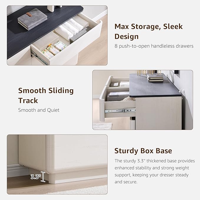 ACCOHOHO Modern Bedroom Set, 3 Pieces Bedroom Furniture Set, Wood 8 Drawer Dresser and Nightstands Set of 2, Chest of Drawers Wide Storage Organizer Cabinet for Bedroom, White