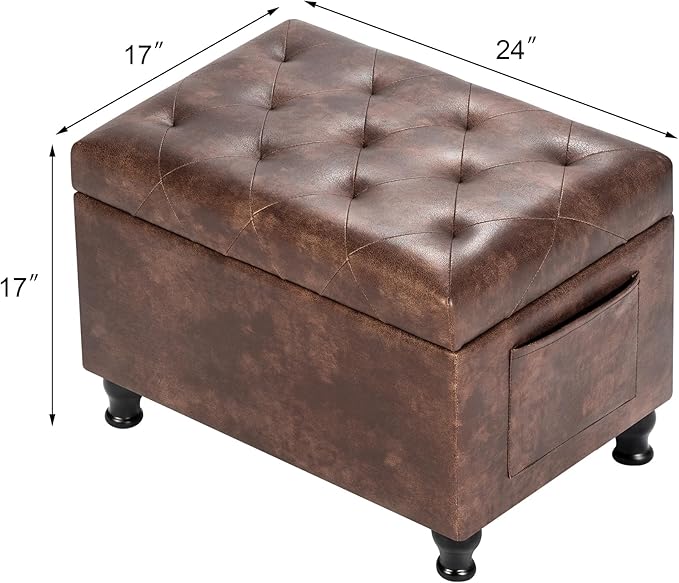 Leather Storage Ottoman Bench Rectangle 24 Inch Foot Rest Ottomans Stool for Living Room Bedroom(Brown)