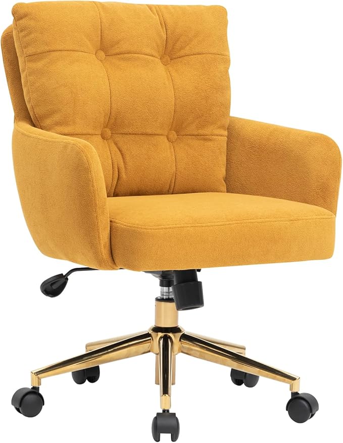 Velvet Office Chair, Comfy Home Office Desk Chairs with Lumbar Support, Modern Velvet Desk Chair Gold Legs Small Swivel Task Chair for Home Office, Bedroom, Study (Yellow, L)