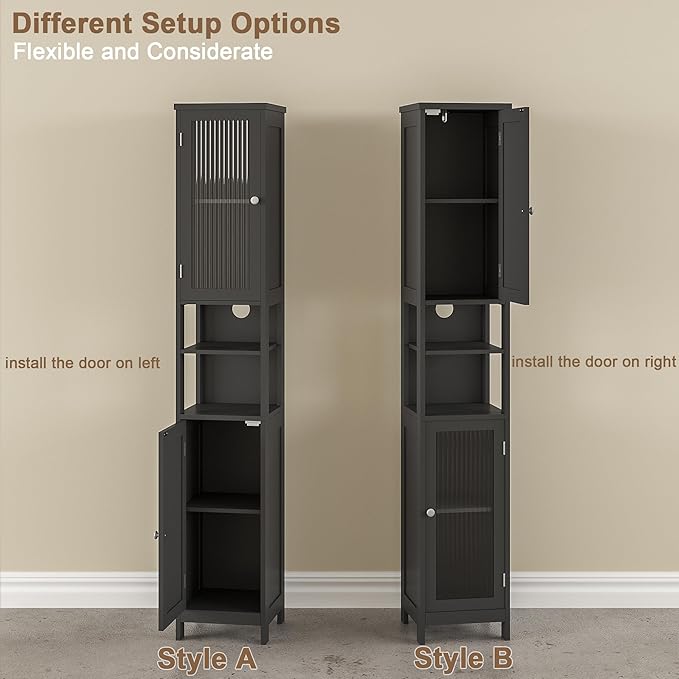 ChooChoo Tall Bathroom Storage Cabinet with Light,5-Tier Narrow Bathroom Cabinet with 2 Doors, Slim Storage Linen Cabinet Freestanding with Adjustable Shelves for Space Saving, Black