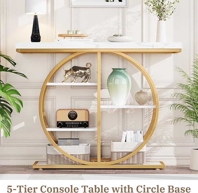 41.3" Console Table for Entryway, Industrial Hallway Sofa Table with Storage Shelves, Narrow Accent Decor Living Room Furniture with Circle Base for Foyer, Entrance, White Gold