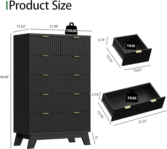 Fluted Dresser for Bedroom with 6 Drawers, 46" Tall Modern Chest of Drawers with Metal Handle, Wooden Dresser TV Stand, Wood Closet Clothes Storage Organizer for Living Room, Hallway, Black