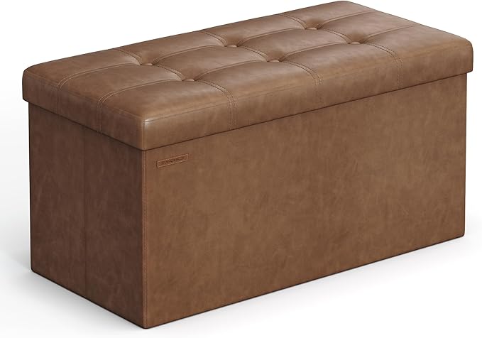SONGMICS Mazie Collection - 30 Inches Folding Storage Ottoman Bench, Ottoman with Storage, Foot Rest Stool, Load 660 lb, for Living Room, Synthetic Leather, Coffee Brown ULSF040K11
