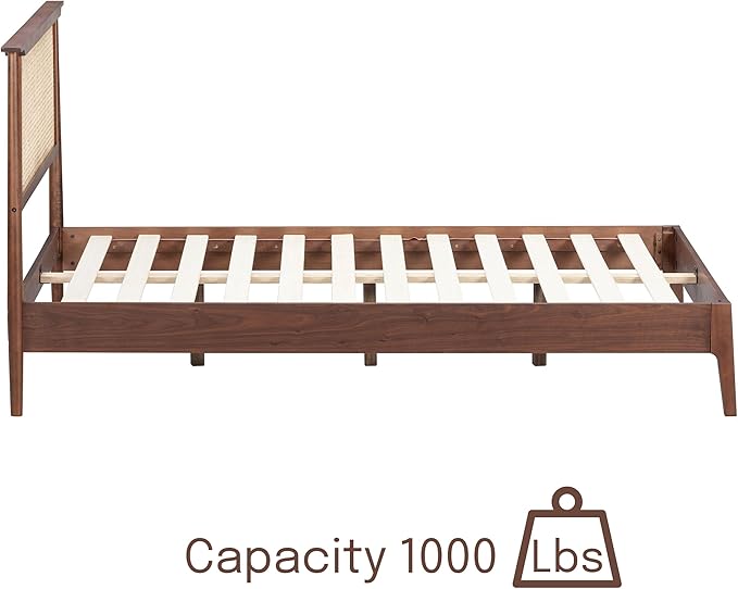 NTC Ruby Wooden Bed Frame with Headboard and Natural Rattan, Solid Oak/Rubber Wood Foundation with Silent Slats, 1000 Lb Capacity, Effortless Assembly (Natural Cane - Dark Walnut, King)