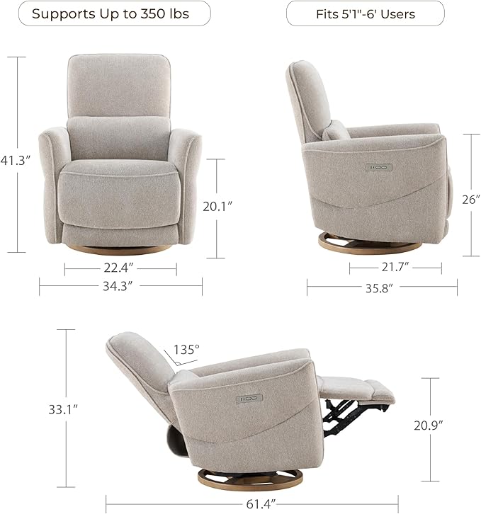 CHITA Power Nursery Rocking Chair, Swivel Glider Recliner Chair with Solid Wood Base, Bulit-in USB & Type-C Charging Ports for Living Room, FSC Certified, Taupe
