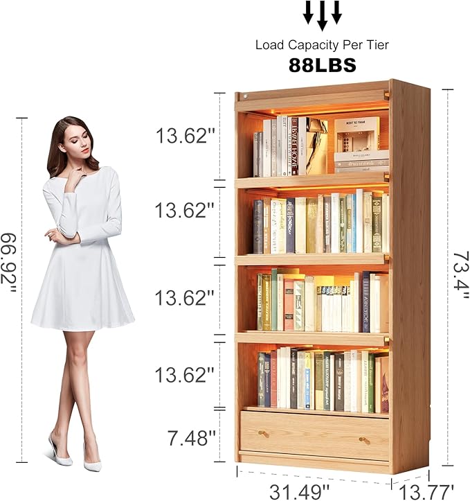 74"H Tall Soild wood Bookcase with 3 color LED light and Glass Door, 5 -Tier Wooden Book case and bookshelf, Large Display Storage Organizer Cabinet with Shelves for Study Home Office Living Room