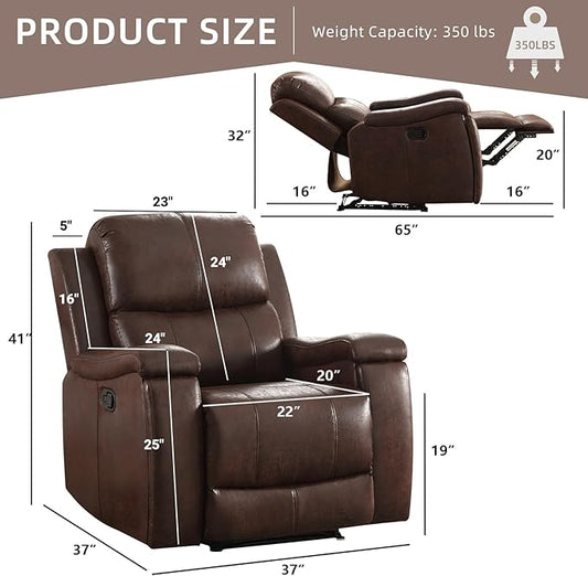 Leather Recliner Chair, Manual Recliner Chair for Adults with Overstuffed Arms and Back, Single Sofa Recliner with Cup Holders for Living Room Set of 2, Red Brown