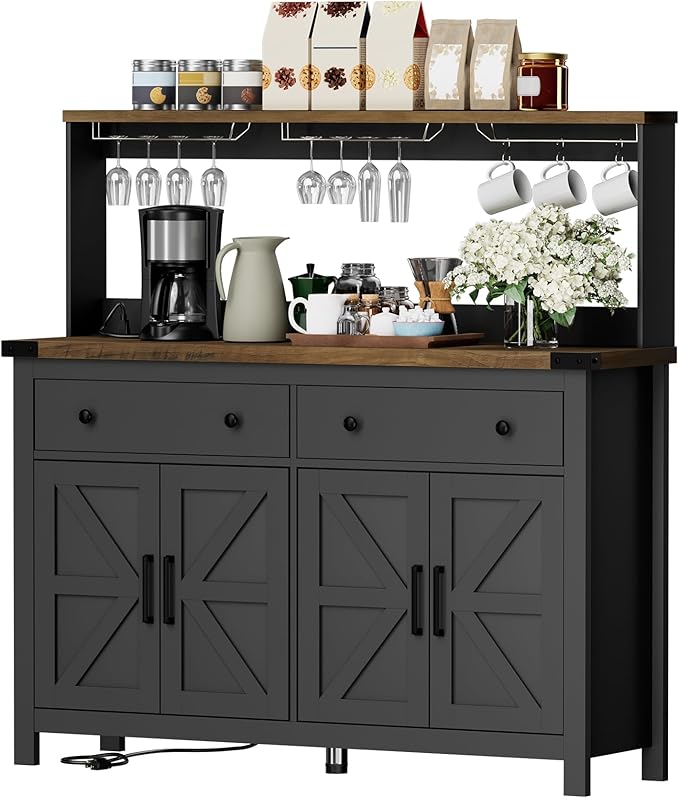 Hutch Storage Cabinet Buffet with Drawers, and Charging Station, Coffee Bar Cabinet with Barn Doors, Wine Rack and Hooks, Countertop, Long Farmhouse, Black, for Kitchen, Dining Room, 54.1" High
