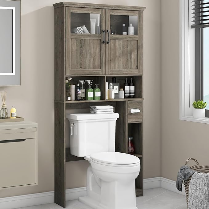 Vabches Over-The-Toilet Storage Cabinet with Double Doors, Toilet Paper Holder Stand & Adjustable Shelf, Freestanding Space Saver, Grey