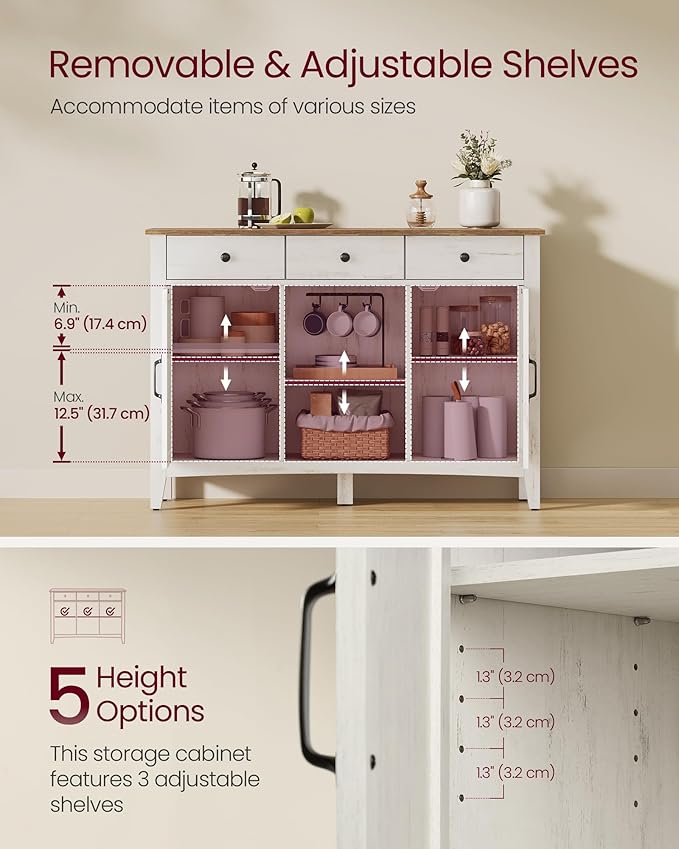 VASAGLE LIRY Collection - Buffet Cabinet, Coffee Bar Cabinet with 3 Drawers, Adjustable Shelves, Sideboard Storage with Cable Holes, Drawer Dividers, Rustic White and Honey Brown UBBK371W01V1