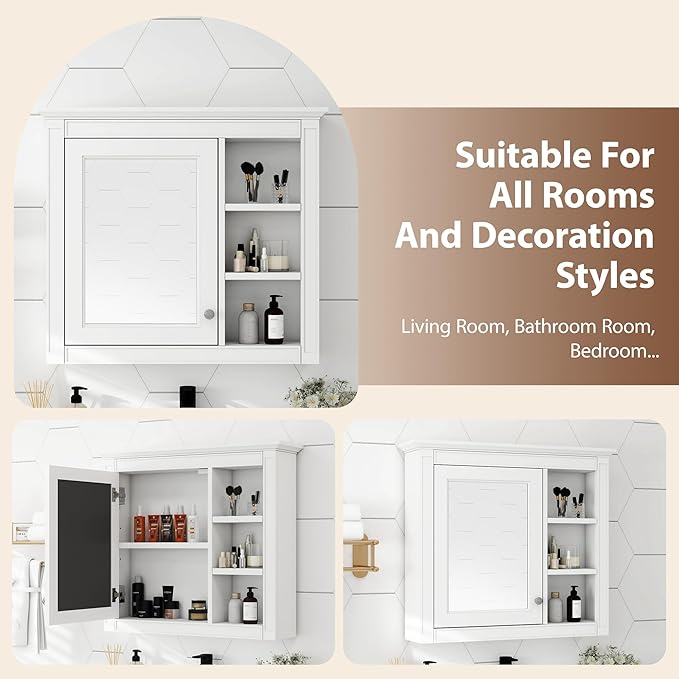 Bathroom Wall Cabinet with Mirror, 30'' x 28'' Medicine Cabinet with Mirror Door and Adjustable Shelves, Over Toilet Storage Cabinet, Wall-Mounted Bathroom Mirrors for Over Sink with Storage