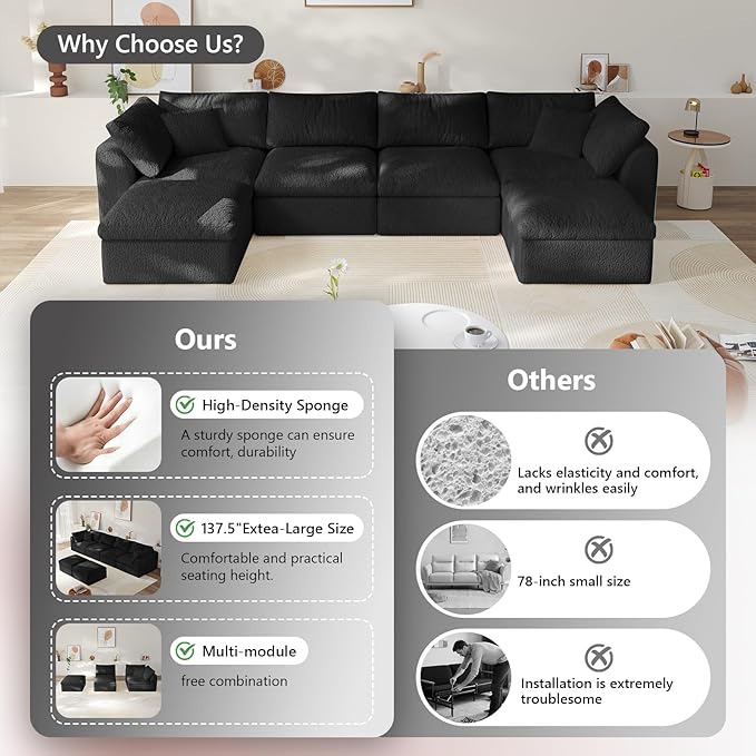 138" Boneless Cloud Couch Modular Sectional Sofa with Deep Seat for Living Room, L Shape Couch with Ottoman, Snowflake Cloth and 40D Memory Sponge,2 Throw Pillows (Black, 4 Seater+2 Ottoman)
