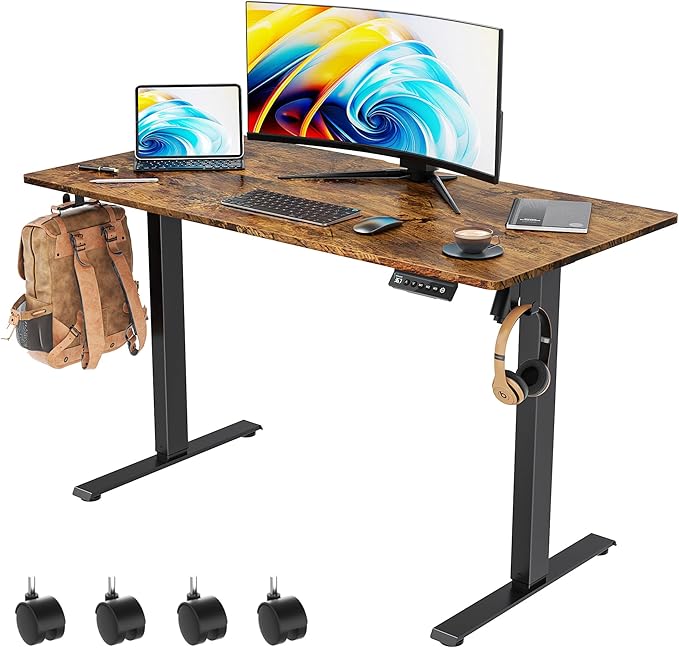 48 x 24 inch Electric Standing Desk Adjustable Height with 4 Wheels, 4 Memory Height Settings, 2 Headphone Hook, for Home Office, Splice Board Brown