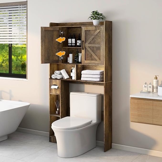 Vabches Over The Toilet Storage Cabinet, Farmhouse Storage Cabinet Over Toilet with 2 Barn Doors & Toilet Paper Holder Stand,Home Space-Saving Toilet Rack, for Bathroom, Restroom, Laundry.