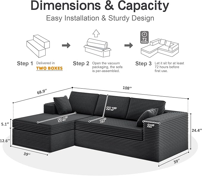 108-inch Boneless Couch for Living Room,Comfy Boneless Sofa with Deep Seats & Chaise Lounge, 3-Seat Modular Sofa Memory Foam Sectional Couches - No Assembly Required(Dark Grey)