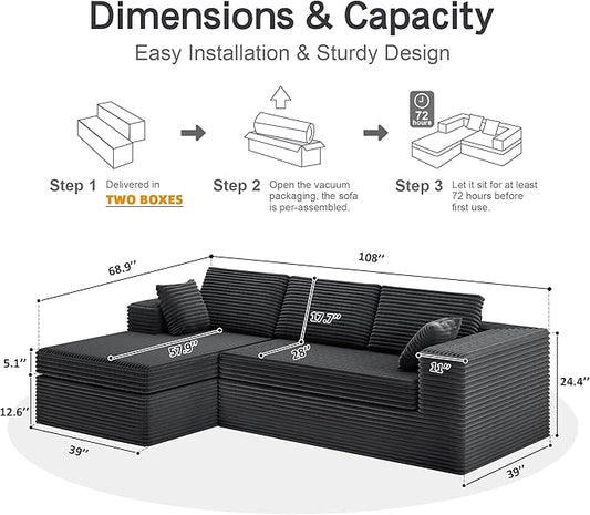 108-inch Boneless Couch for Living Room,Comfy Boneless Sofa with Deep Seats & Chaise Lounge, 3-Seat Modular Sofa Memory Foam Sectional Couches - No Assembly Required(Dark Grey)