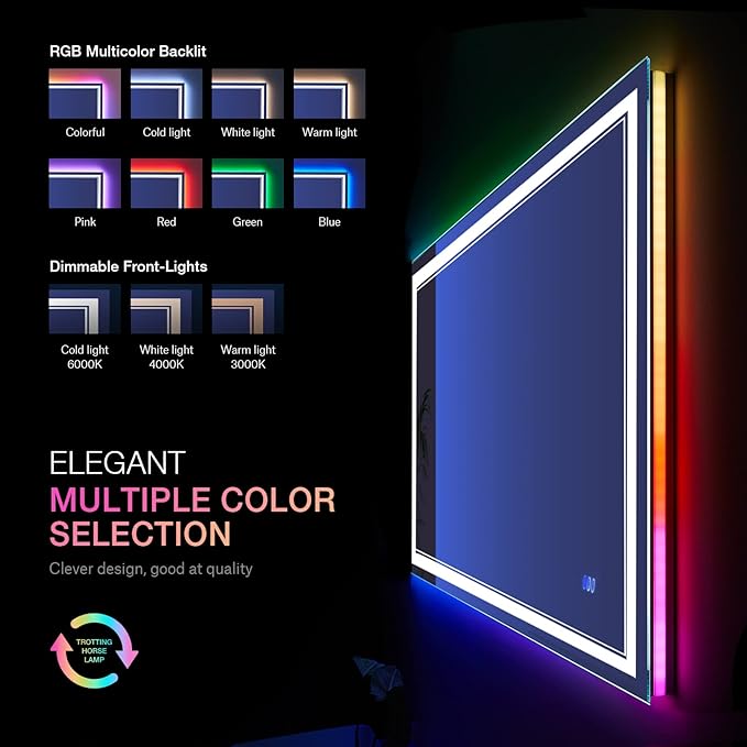 40x24 inch LED Mirror for Bathroom,RGB LED Lighted Bathroom Vanity Mirror with Lights,Shatterproof,Dimmable,Anti-Fog RGB Backlit Mirror (RGB Multicolor Backlit + Front-Lighted)
