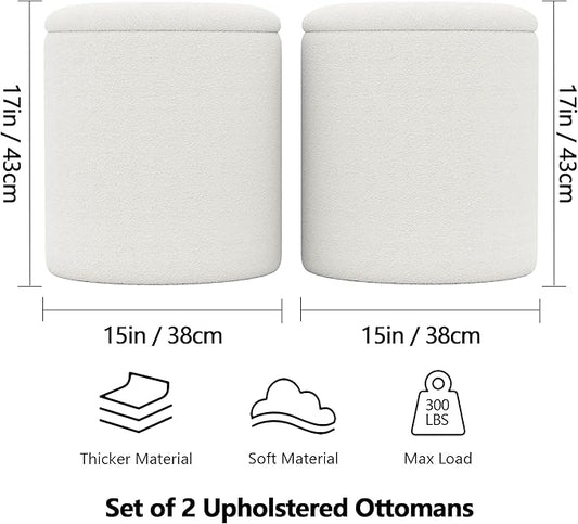 Ottoman Poufs with Storage, Set of 2 Soft Upholstered Vanity Stool,Multifunctional Ottomans Coffee Table Padded Seat Foot Rest for Living(White, Pack of 2)