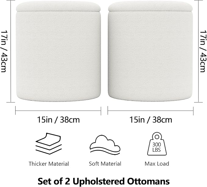 Ottoman Poufs with Storage, Set of 2 Soft Upholstered Vanity Stool,Multifunctional Ottomans Coffee Table Padded Seat Foot Rest for Living(White, Pack of 2)