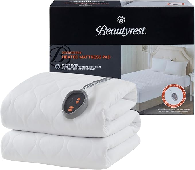 Beautyrest 3M Scotchgard Heated Mattress Pad - Electric Bed Warmer with 5 Heat Settings, 10 Hr Auto Shut Off Timer, All Around Elastic Deep Pocket, UL Certified, Machine Washable, White Twin XL