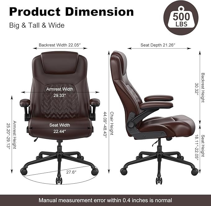 Ergonomic Executive Office Chair for Big & Tall - 500lbs Capacity with Lumbar Support & Flip-Up Armrests, Heavy Duty PU Leather Computer Desk Chair, Brown
