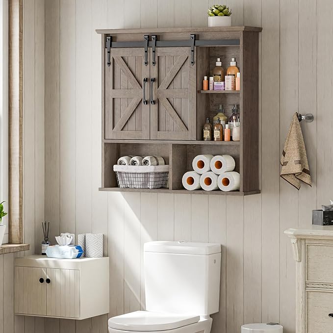 Vabches Bathroom Wall Cabinet, Farmhouse Wooden Medicine Cabinet with Double Sliding Barn Door and Adjustable Shelves, Farmhouse Storage Cabinet Wall Mounted for Bathroom, Kitchen Dining, Washed Oak