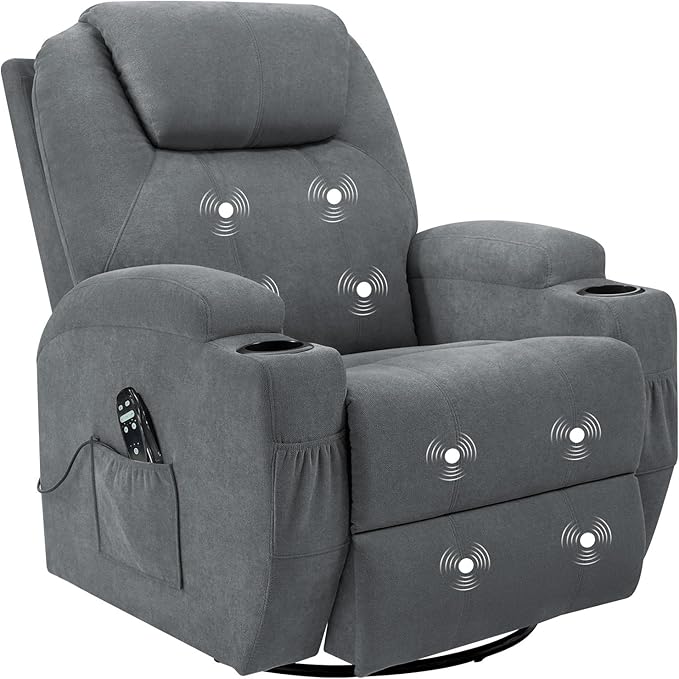 Flamaker Rocking Chair Recliner Chair with Massage Swivel Ergonomic Lounge Chair Classic Single Sofa with 2 Cup Holders Side Pockets Living Room Chair Home Theater Seat (Gray)